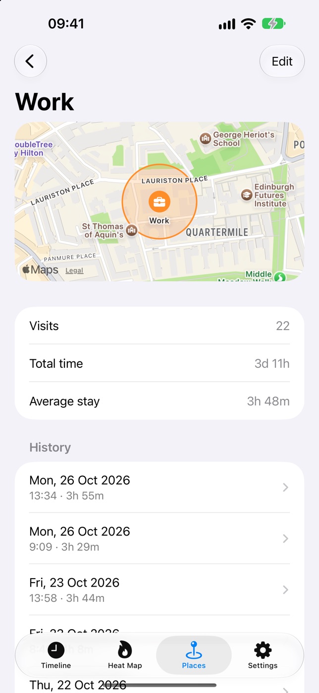 A place called Work, with its visits, total time and history