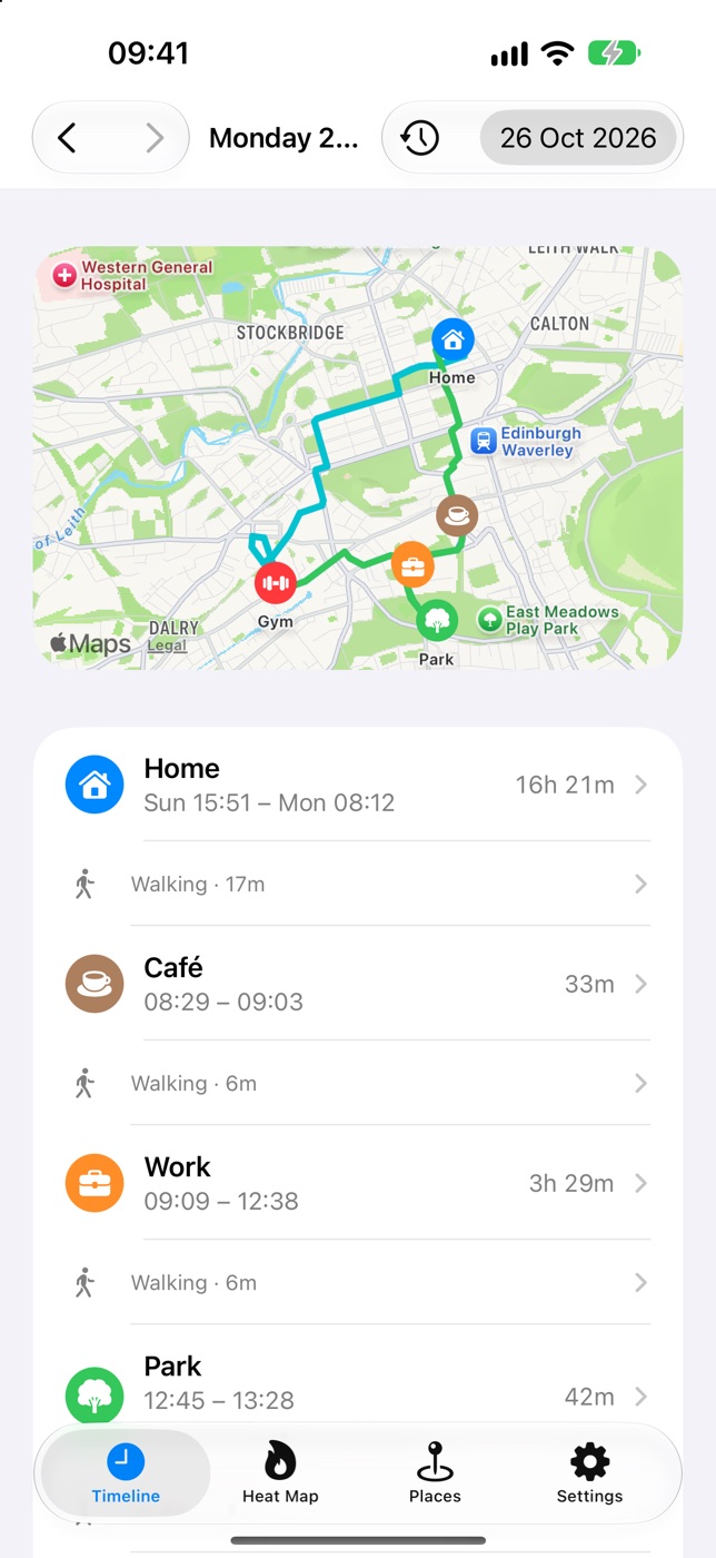 Ubi Fui's Timeline: a working day in Edinburgh, from home to the café, work, lunch in the park and the gym, with the routes on a map