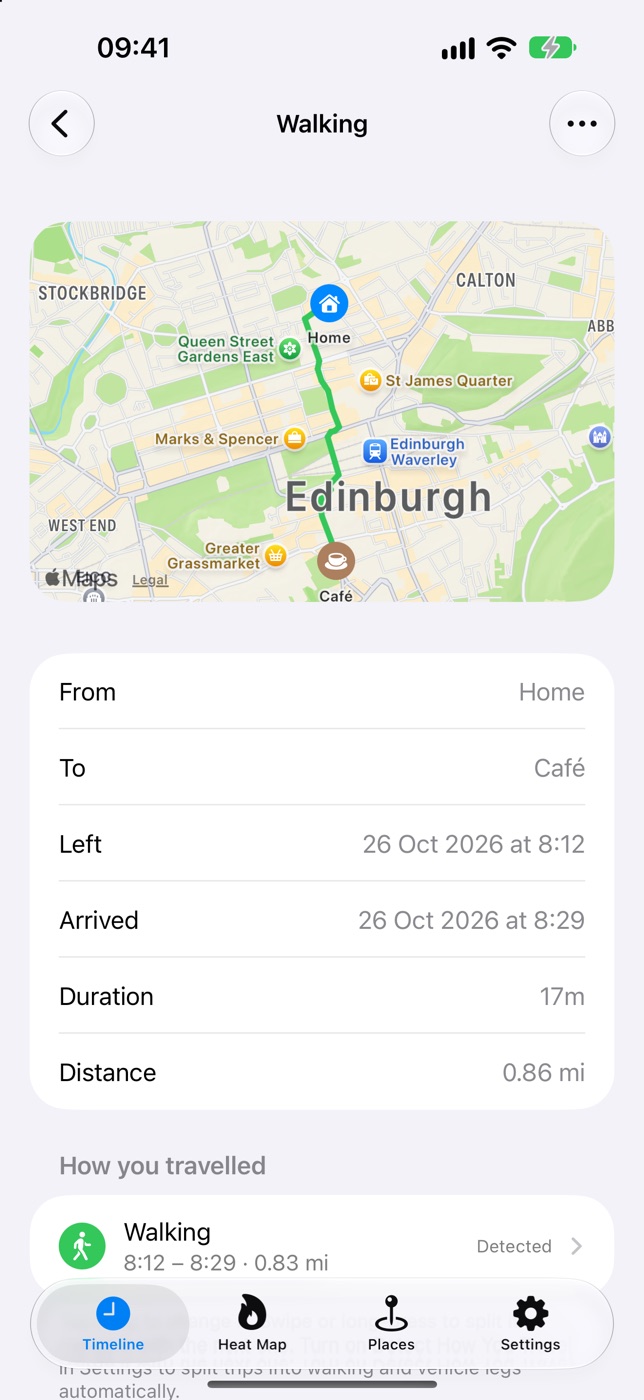 A walk from home to the café, with its route on a map